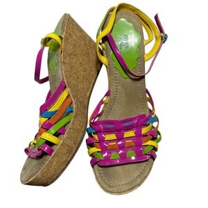 Piper + Blue 9 Tawana Multi Colored Bright Sandal Wedge 3 1/2 inches